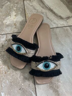 Beaded Eye Embellished Black and Beige Slide Sandals